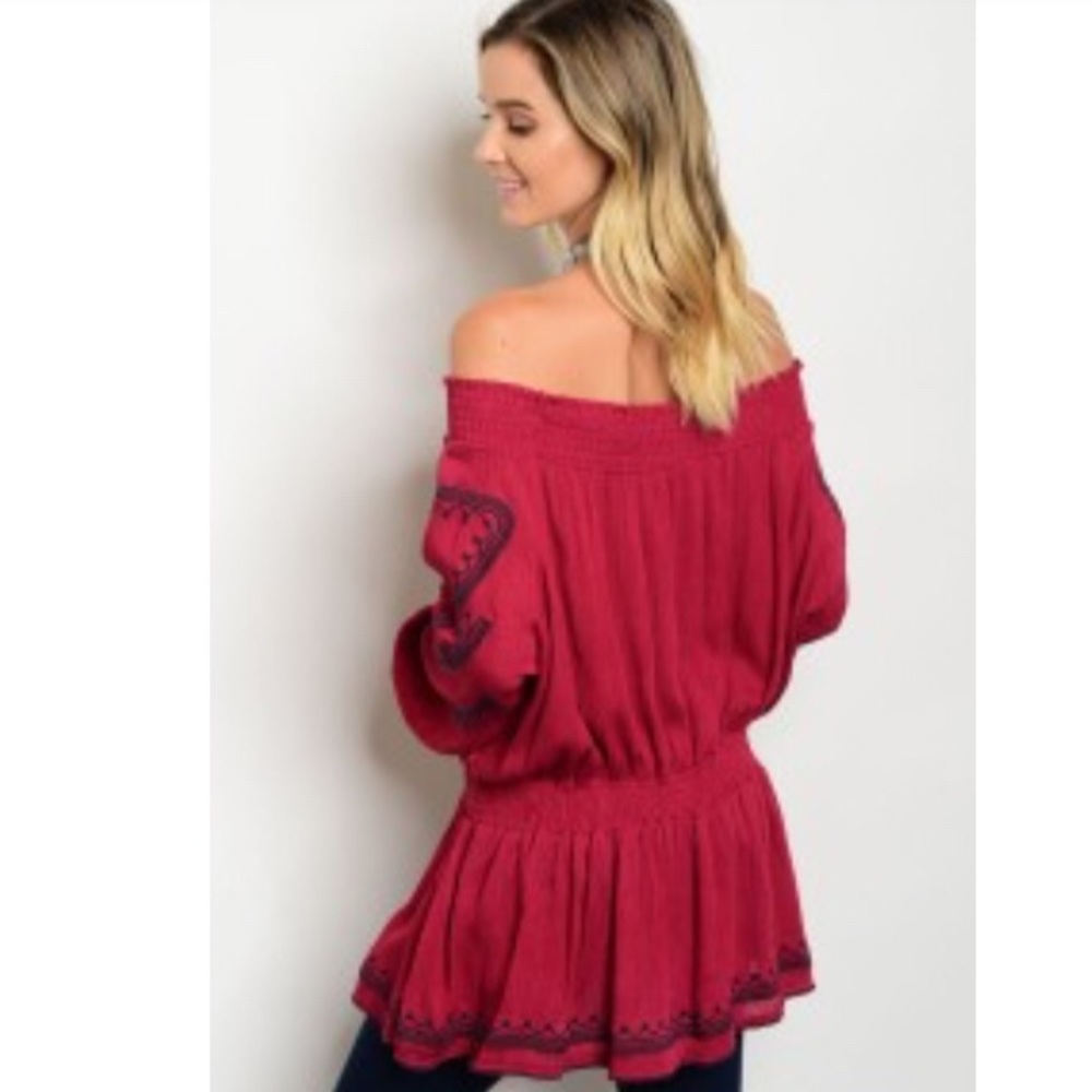 Wine and Navy Off/On Shoulder Top NWT - Picture 3 of 3